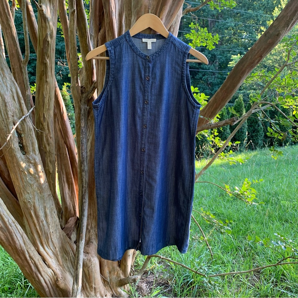 Eileen Fisher Sleeveless Button Down Denim Shirt Dress